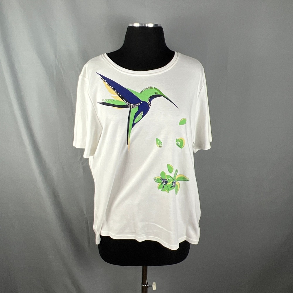 Allison Daley T Shirt Womens Large White Hummingbird Floral Graphic Casual Wear